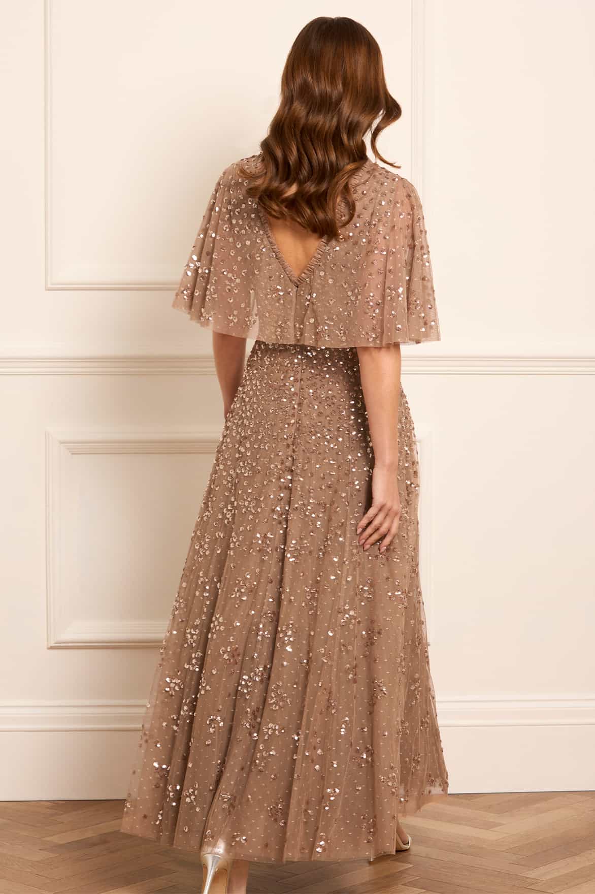 Leila Dot V-Neck Cape Ankle Gown