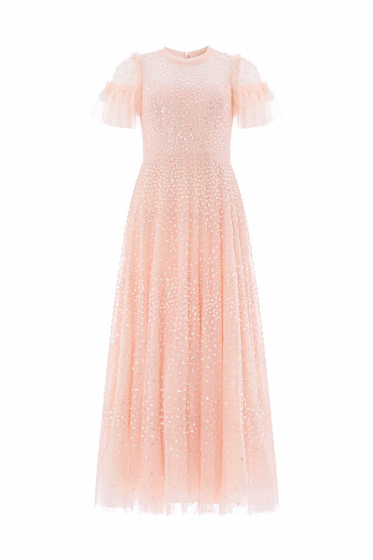 Scatter Dot Round Neck Short Sleeve Ankle Gown