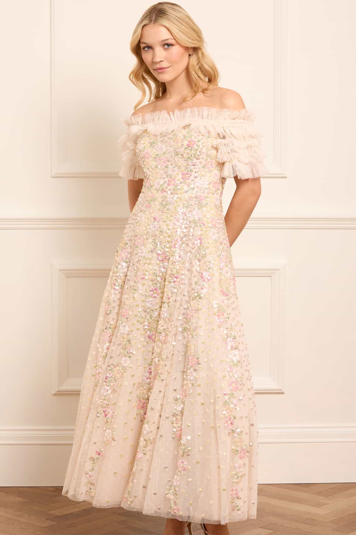 Confetti Ruffle Off-Shoulder Ankle Gown