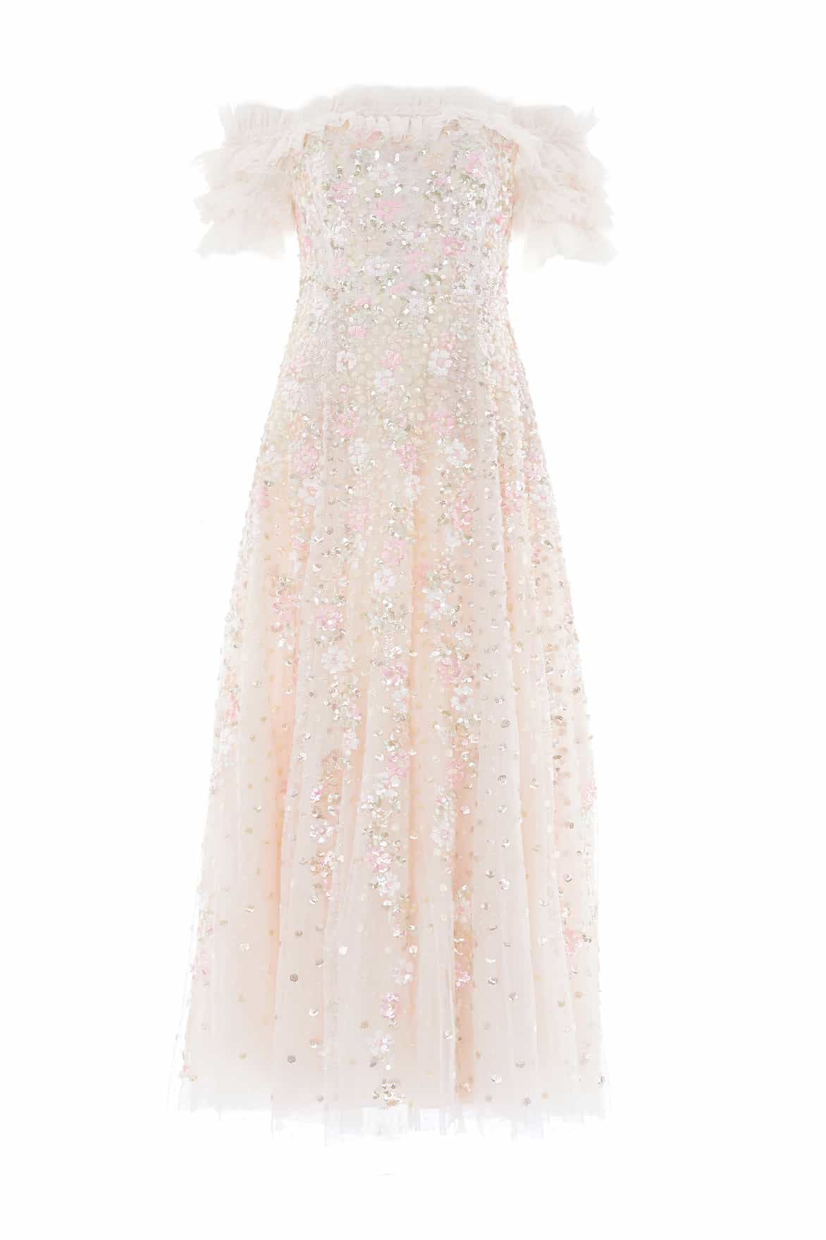 Confetti Ruffle Off-Shoulder Ankle Gown