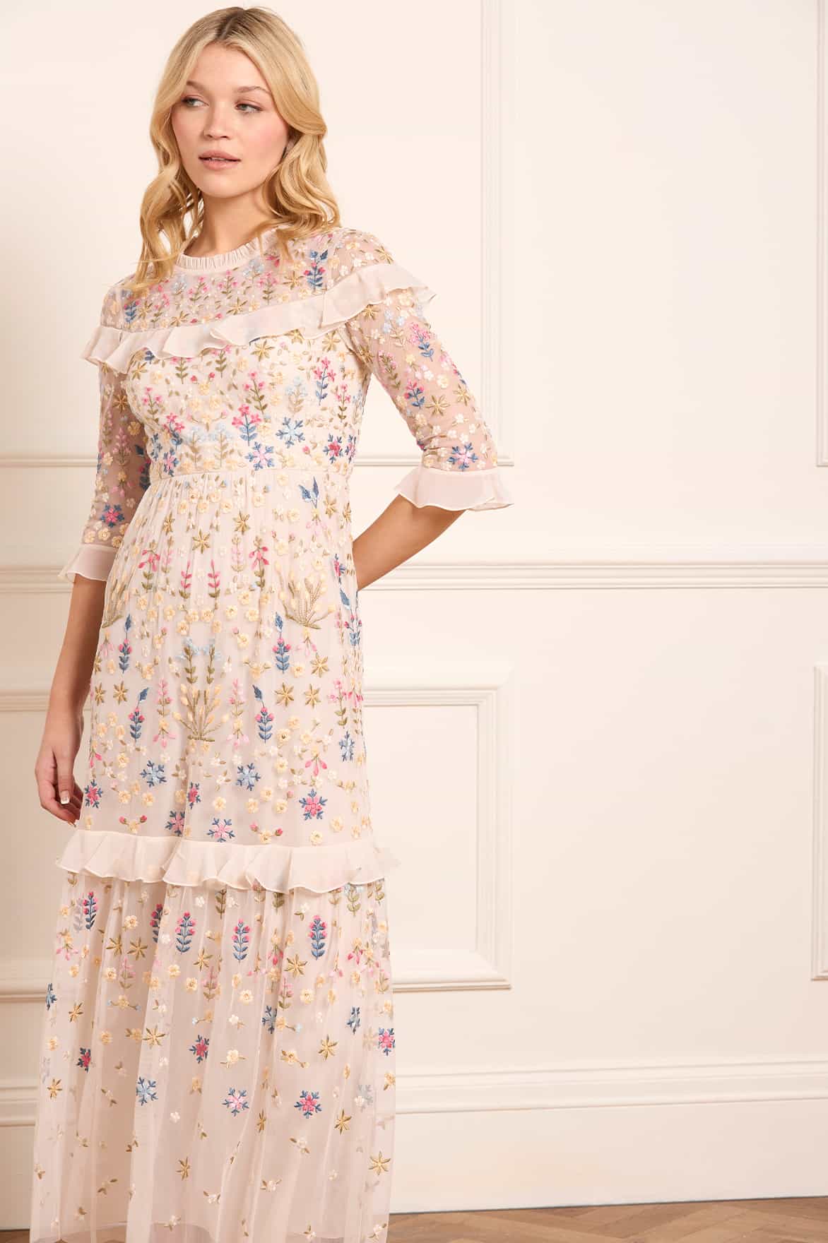 Flowerbed Embroidery Ankle Gown