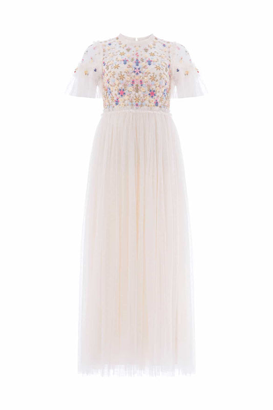 Flowerbed Embroidery Bodice Round Neck Ankle Gown